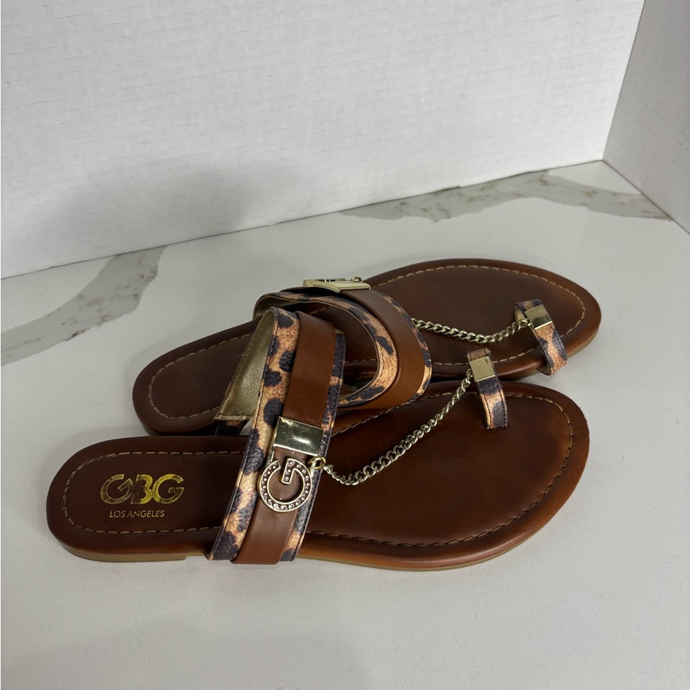GBG Los Angeles Tan and Leopard Chain Sandals